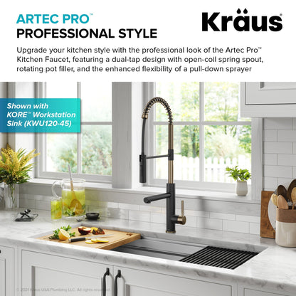 KRAUS Artec Pro Commercial Style  Single Handle Kitchen Faucet with Pot Filler in Spot Free Antique Champagne Bronze / Matte Black - KPF-1604SFACBMB