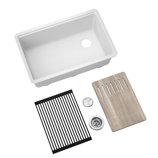 KRAUS Bellucci Workstation 30" Undermount Granite Composite Single Bowl Kitchen Sink in White with Accessories - KGUW1-30WH