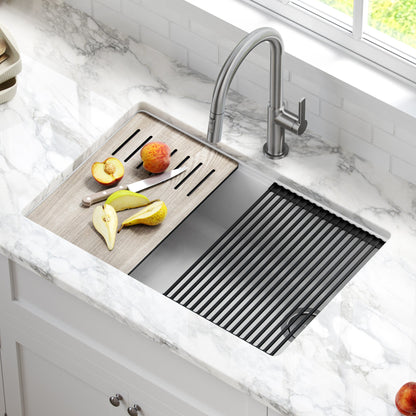 KRAUS Bellucci Workstation 30" Undermount Granite Composite Single Bowl Kitchen Sink in White with Accessories - KGUW1-30WH