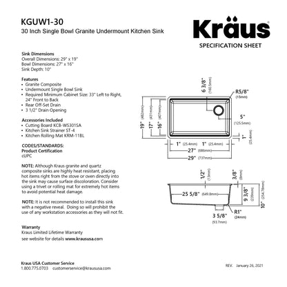 KRAUS Bellucci Workstation 30" Undermount Granite Composite Single Bowl Kitchen Sink in White with Accessories - KGUW1-30WH