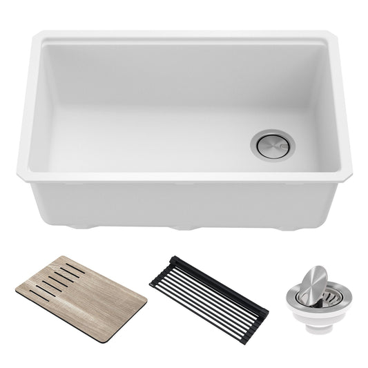KRAUS Bellucci Workstation 30" Undermount Granite Composite Single Bowl Kitchen Sink in White with Accessories - KGUW1-30WH