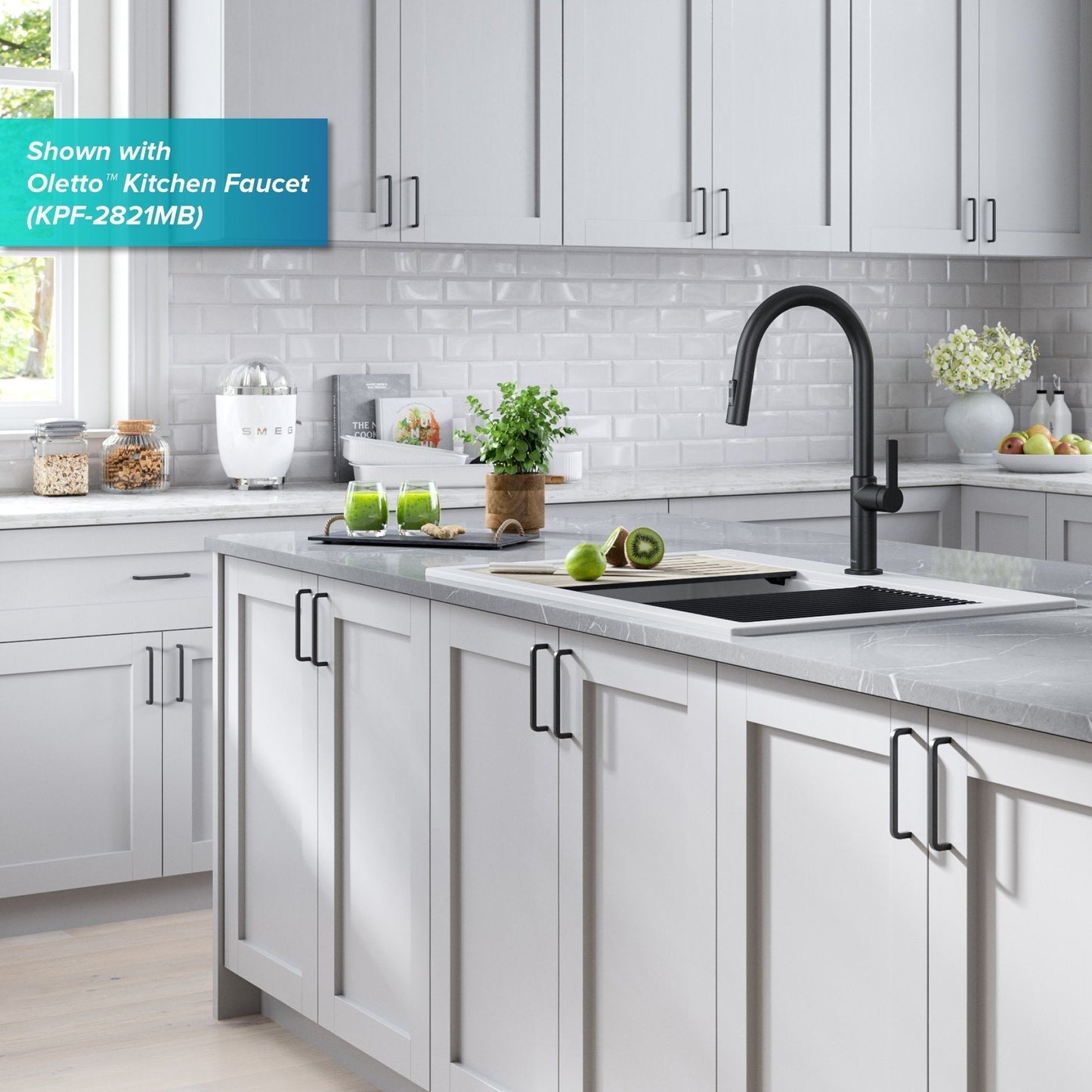 KRAUS Bellucci Workstation 33" Drop-In Granite Composite Kitchen Sink in White with Accessories - KGTW1-33WH