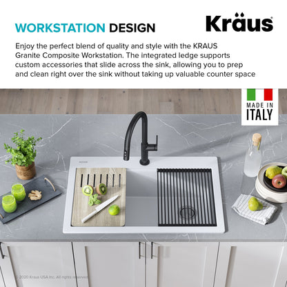 KRAUS Bellucci Workstation 33" Drop-In Granite Composite Kitchen Sink in White with Accessories - KGTW1-33WH
