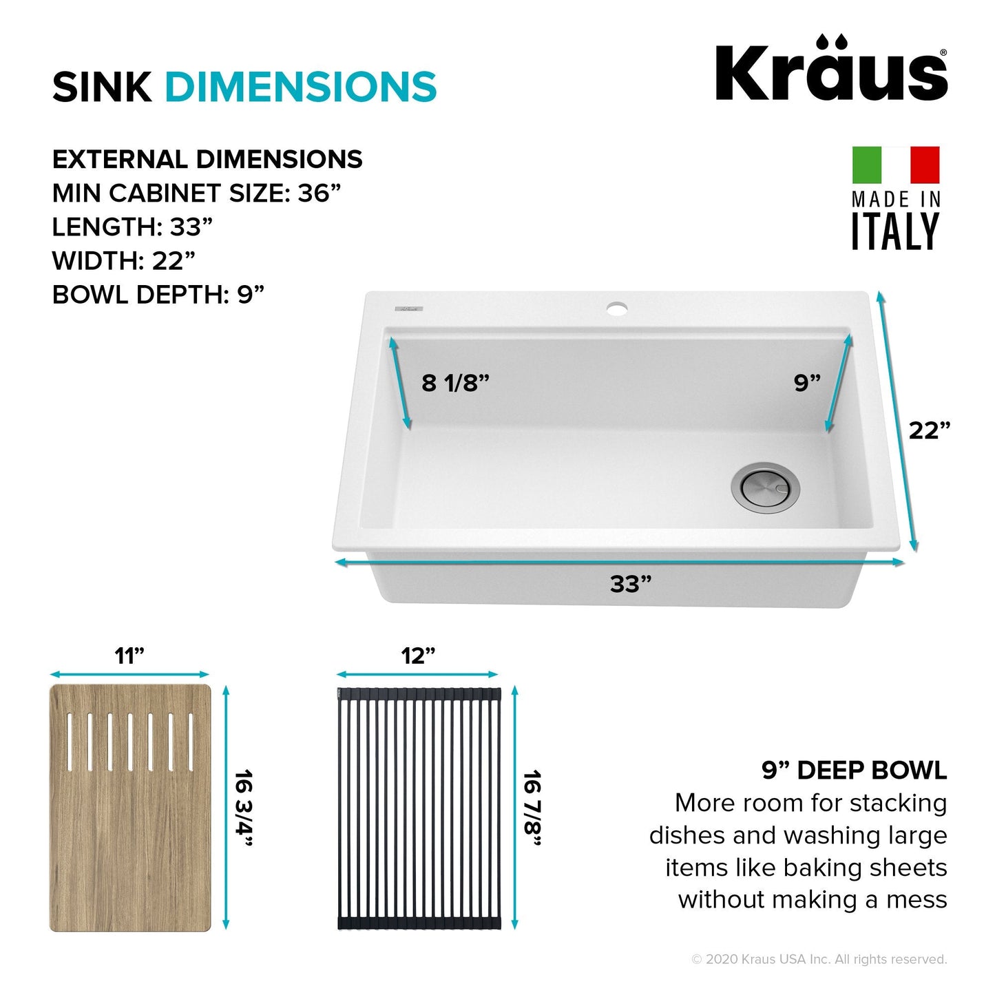 KRAUS Bellucci Workstation 33" Drop-In Granite Composite Kitchen Sink in White with Accessories - KGTW1-33WH
