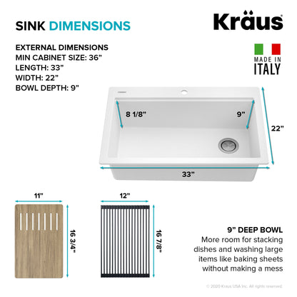 KRAUS Bellucci Workstation 33" Drop-In Granite Composite Kitchen Sink in White with Accessories - KGTW1-33WH