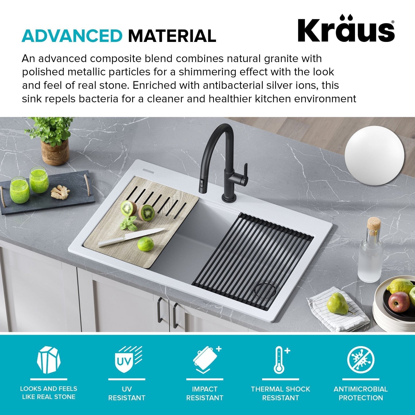 KRAUS Bellucci Workstation 33" Drop-In Granite Composite Kitchen Sink in White with Accessories - KGTW1-33WH