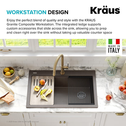 KRAUS Bellucci Workstation 33" Drop-In Granite Composite Kitchen Sink with Accessories - KGTW2-33MBL