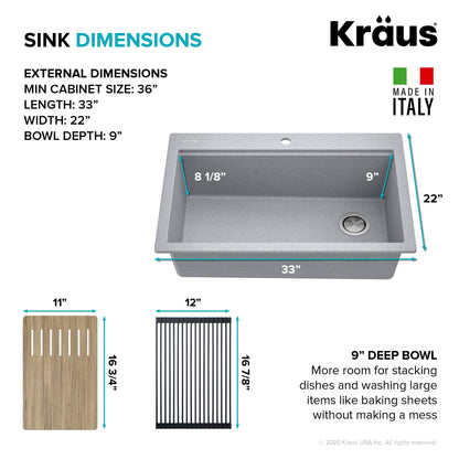 KRAUS Bellucci Workstation 33" Drop-In Granite Composite Kitchen Sink with Accessories - KGTW2-33MBL