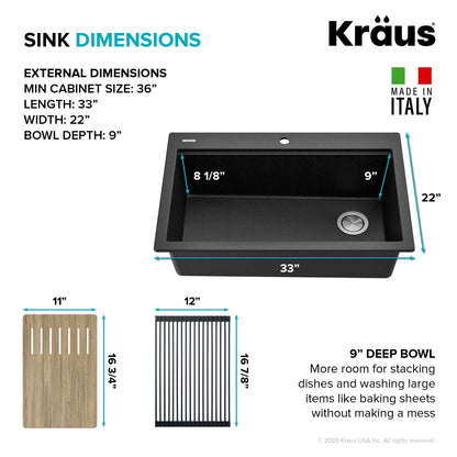 KRAUS Bellucci Workstation 33" Drop-In Granite Composite Kitchen Sink with Accessories - KGTW2-33MBL