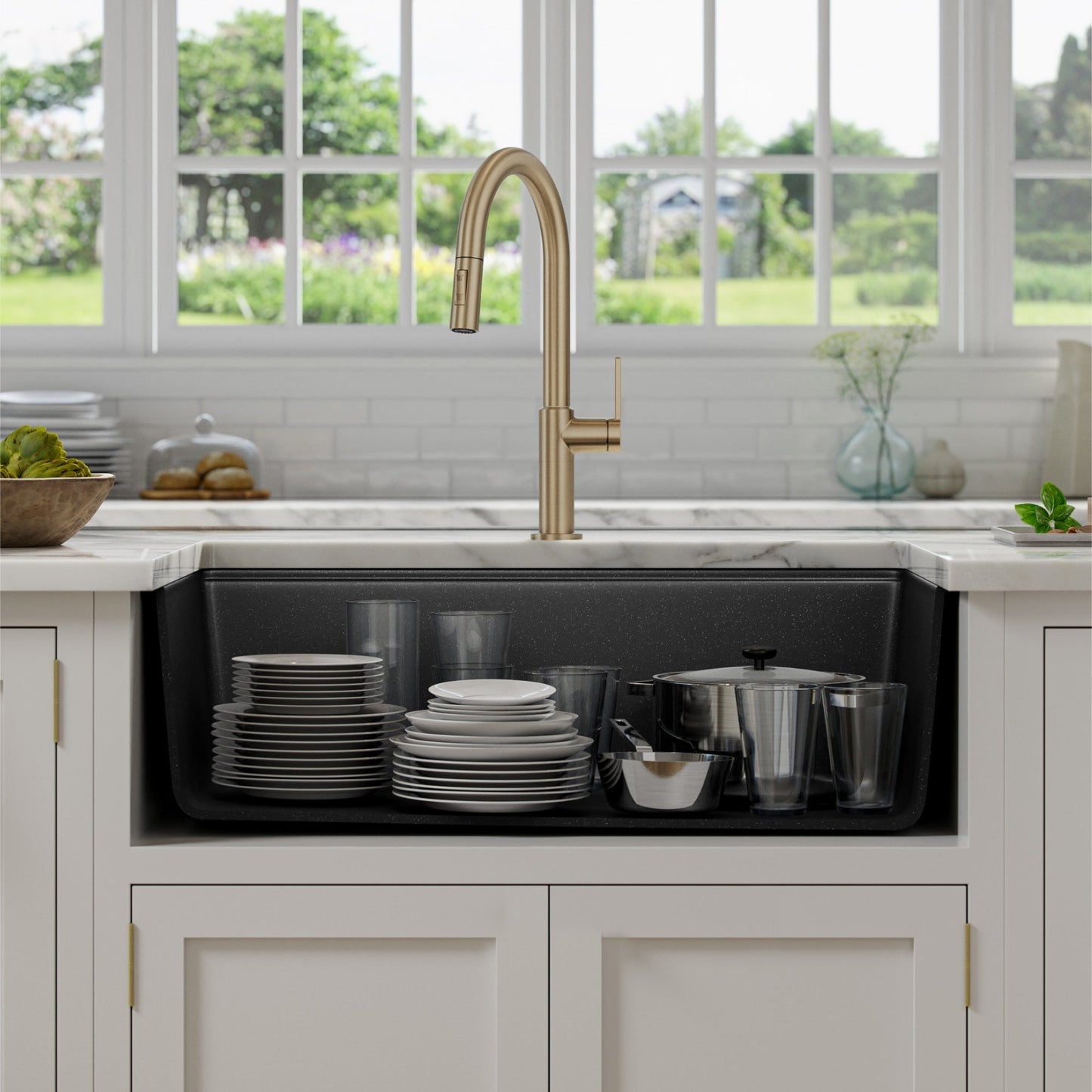 KRAUS Bellucci Workstation 33" Undermount Granite Composite Kitchen Sink in Metallic Black with Accessories - KGUW2-33MBL