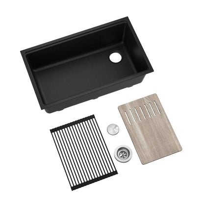 KRAUS Bellucci Workstation 33" Undermount Granite Composite Kitchen Sink in Metallic Black with Accessories - KGUW2-33MBL