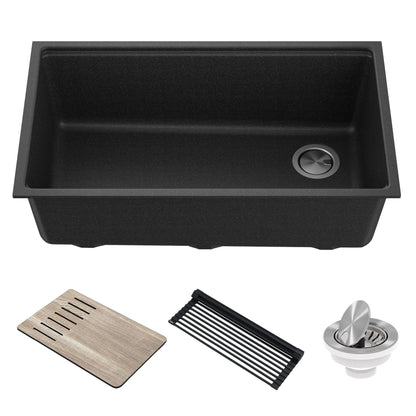 KRAUS Bellucci Workstation 33" Undermount Granite Composite Kitchen Sink in Metallic Black with Accessories - KGUW2-33MBL