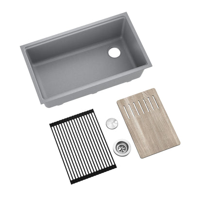 KRAUS Bellucci Workstation 33" Undermount Granite Composite Kitchen Sink in Metallic Gray with Accessories - KGUW2-33MGR