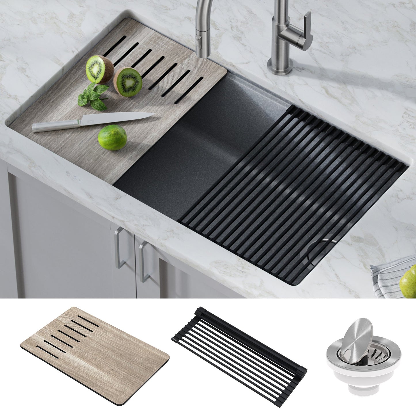 KRAUS Bellucci Workstation 33" Undermount Granite Composite Kitchen Sink in Metallic Gray with Accessories - KGUW2-33MGR