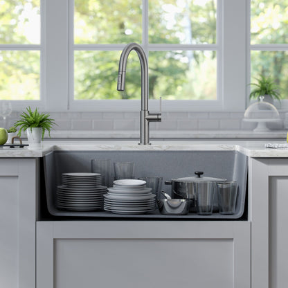 KRAUS Bellucci Workstation 33" Undermount Granite Composite Kitchen Sink in Metallic Gray with Accessories - KGUW2-33MGR