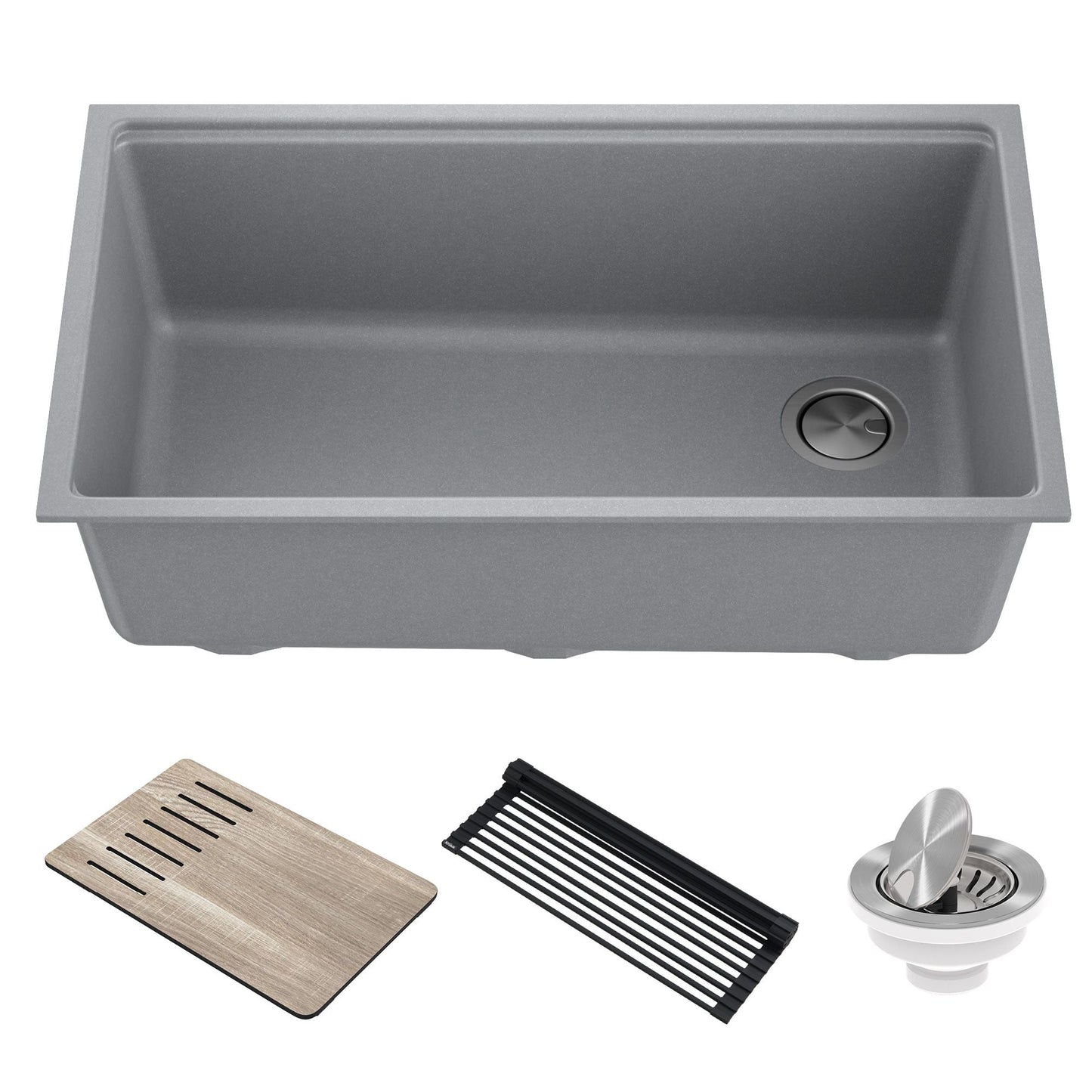 KRAUS Bellucci Workstation 33" Undermount Granite Composite Kitchen Sink in Metallic Gray with Accessories - KGUW2-33MGR