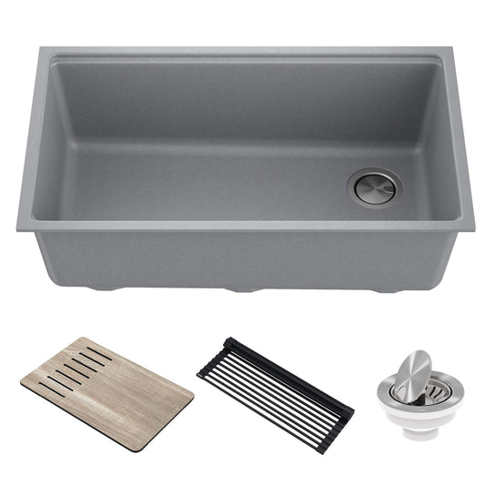 KRAUS Bellucci Workstation 33" Undermount Granite Composite Kitchen Sink in Metallic Gray with Accessories - KGUW2-33MGR