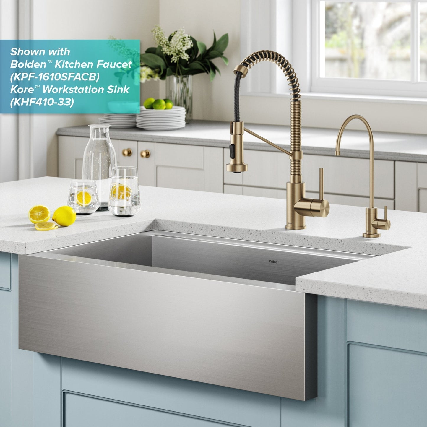 KRAUS Bolden Commercial Style Pull-Down Kitchen Faucet and Purita Water Filter Faucet Combo in Spot Free Antique Champagne Bronze