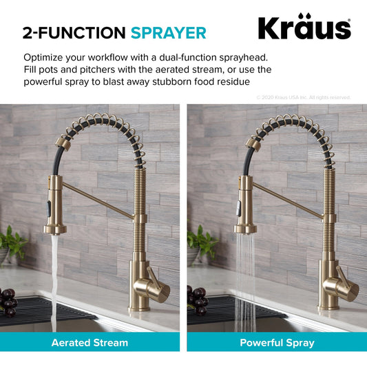 KRAUS Bolden Commercial Style Pull-Down Kitchen Faucet and Purita Water Filter Faucet Combo in Spot Free Antique Champagne Bronze