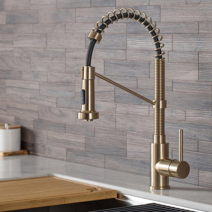 KRAUS Bolden Commercial Style Pull-Down Kitchen Faucet and Purita Water Filter Faucet Combo in Spot Free Antique Champagne Bronze