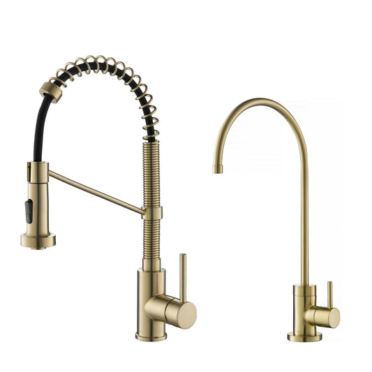 KRAUS Bolden Commercial Style Pull-Down Kitchen Faucet and Purita Water Filter Faucet Combo in Spot Free Antique Champagne Bronze