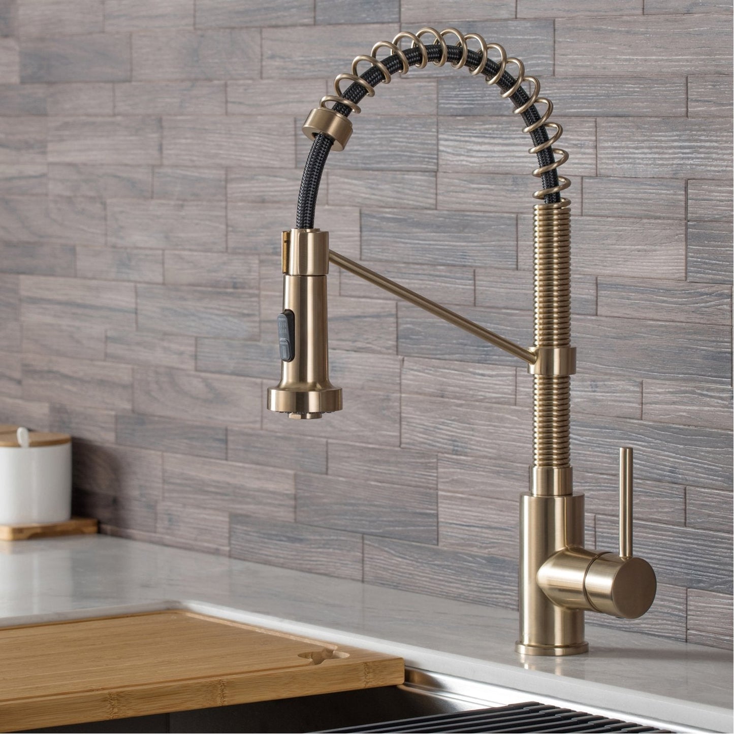 KRAUS Bolden Single Handle 18-Inch Commercial Kitchen Faucet with Soap Dispenser in Spot Free Antique Champagne Bronze Finish - KPF-1610-KSD-53SFACB