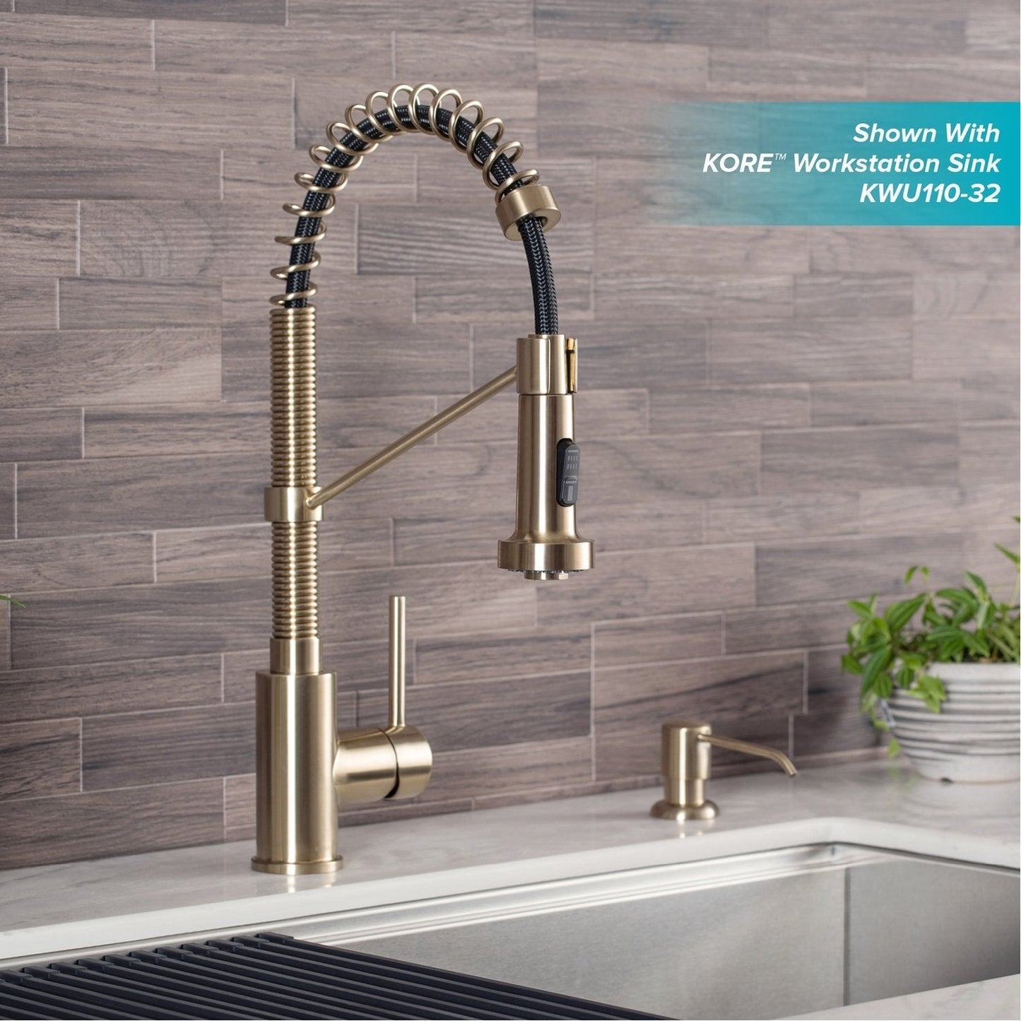 KRAUS Bolden Single Handle 18-Inch Commercial Kitchen Faucet with Soap Dispenser in Spot Free Antique Champagne Bronze Finish - KPF-1610-KSD-53SFACB