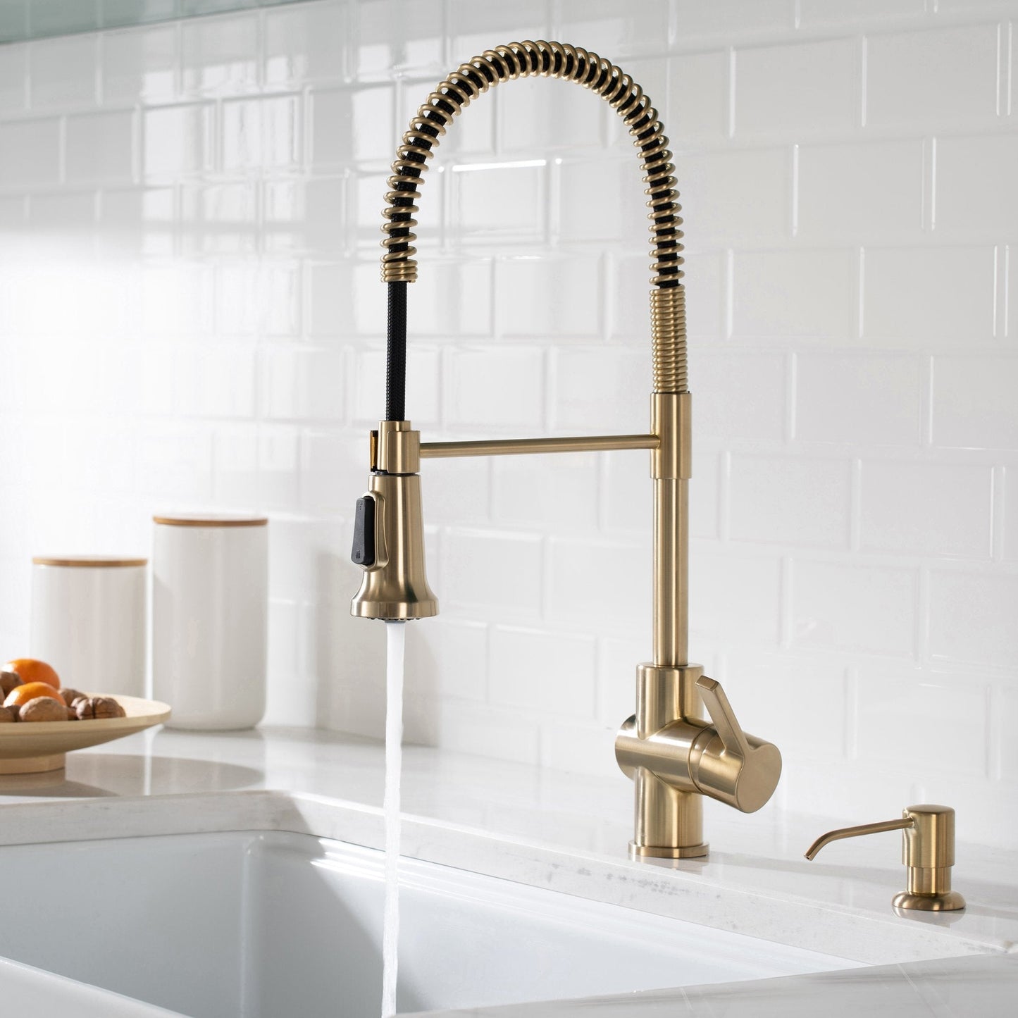 KRAUS Britt Single Handle Commercial Kitchen Faucet with Deck Plate and Soap Dispenser in Spot Free Antique Champagne Bronze - KPF-1690-KSD-53SFACB
