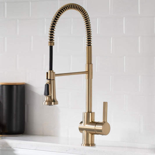 KRAUS Britt Single Handle Commercial Kitchen Faucet with Deck Plate and Soap Dispenser in Spot Free Antique Champagne Bronze - KPF-1690-KSD-53SFACB