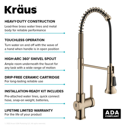 KRAUS Britt Touchless Pull-Down Single Handle Faucet in Spot Free Antique Champagne Bronze - KSF-1691SFACB