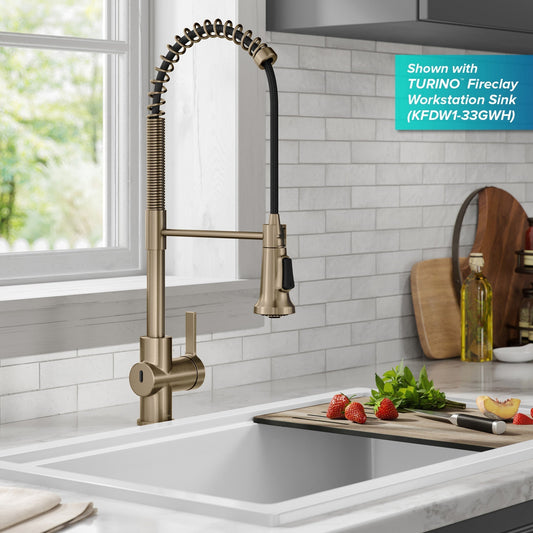 KRAUS Britt Touchless Pull-Down Single Handle Faucet in Spot Free Antique Champagne Bronze - KSF-1691SFACB