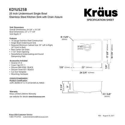 KRAUS Dex 25" Undermount 16 Gauge Stainless Steel Kitchen Sink with VersiDrain - KD1US25B