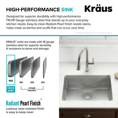 KRAUS Dex 25" Undermount 16 Gauge Stainless Steel Kitchen Sink with VersiDrain - KD1US25B