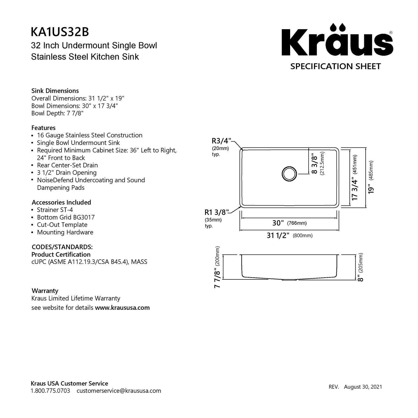 KRAUS Dex 32" Undermount 16 Gauge Stainless Steel Kitchen Sink - KA1US32B
