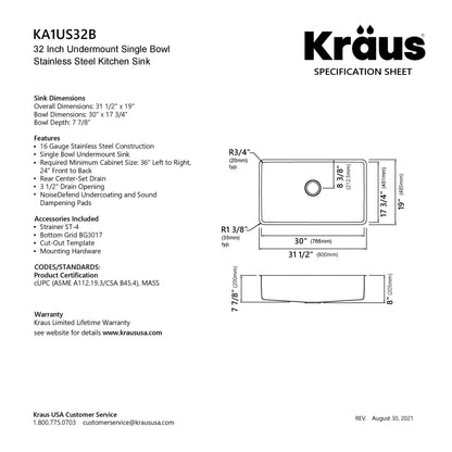 KRAUS Dex 32" Undermount 16 Gauge Stainless Steel Kitchen Sink - KA1US32B