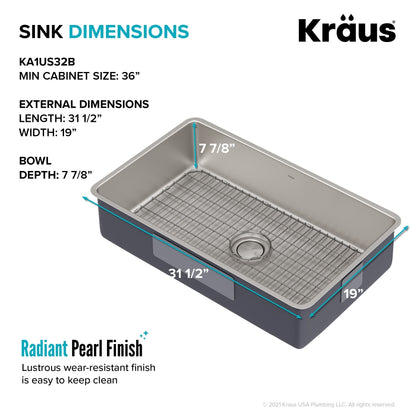 KRAUS Dex 32" Undermount 16 Gauge Stainless Steel Kitchen Sink - KA1US32B