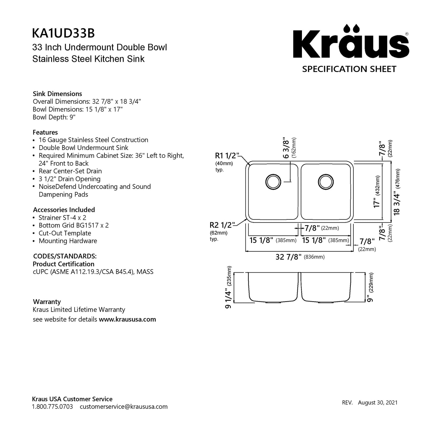 KRAUS Dex 33" Undermount 16 Gauge Stainless Steel Double Bowl Kitchen Sink - KA1UD33B