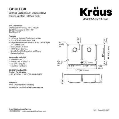 KRAUS Dex 33" Undermount 16 Gauge Stainless Steel Double Bowl Kitchen Sink - KA1UD33B