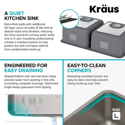 KRAUS Dex 33" Undermount 16 Gauge Stainless Steel Double Bowl Kitchen Sink - KA1UD33B