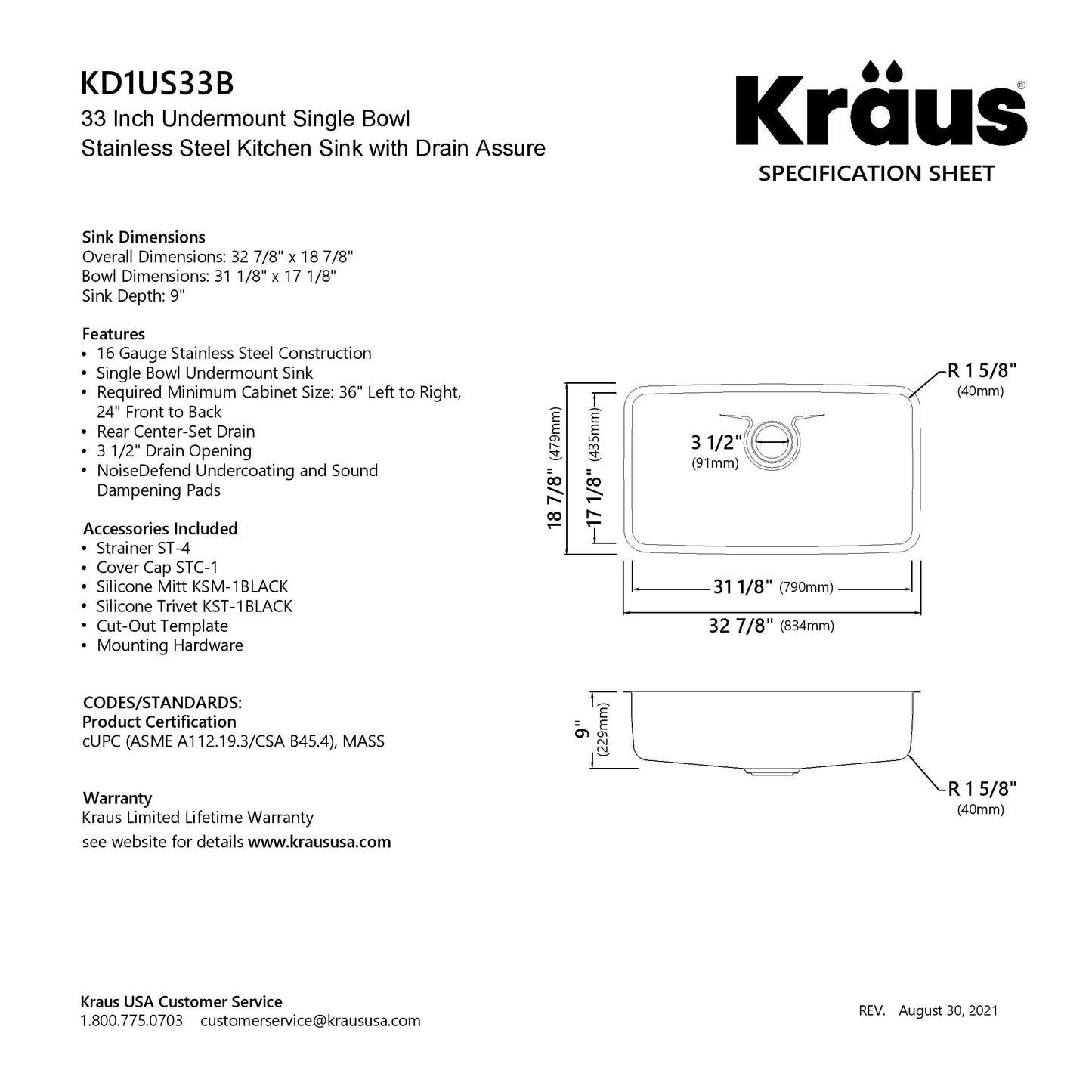 KRAUS Dex 33" Undermount 16 Gauge Stainless Steel Kitchen Sink with VersiDrain - KD1US33B