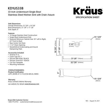 KRAUS Dex 33" Undermount 16 Gauge Stainless Steel Kitchen Sink with VersiDrain - KD1US33B