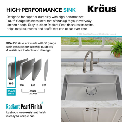 KRAUS Dex 33" Undermount 16 Gauge Stainless Steel Kitchen Sink with VersiDrain - KD1US33B