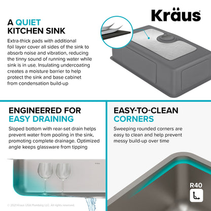 KRAUS Dex 33" Undermount 16 Gauge Stainless Steel Kitchen Sink with VersiDrain - KD1US33B