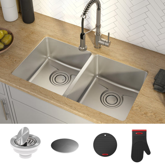 KRAUS Dex 33" Undermount 50/50 Double Bowl 16 Gauge Stainless Steel Kitchen Sink with VersiDrain - KD1UD33B