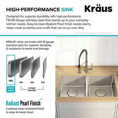KRAUS Dex 33" Undermount 50/50 Double Bowl 16 Gauge Stainless Steel Kitchen Sink with VersiDrain - KD1UD33B