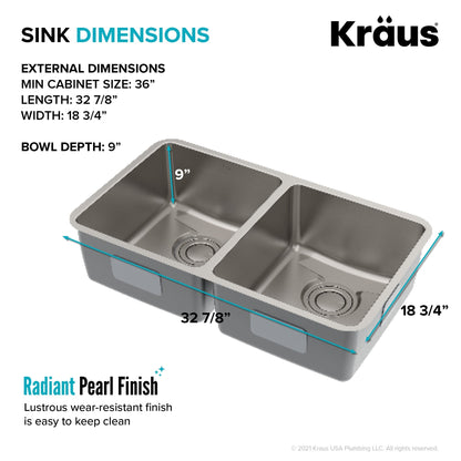 KRAUS Dex 33" Undermount 50/50 Double Bowl 16 Gauge Stainless Steel Kitchen Sink with VersiDrain - KD1UD33B