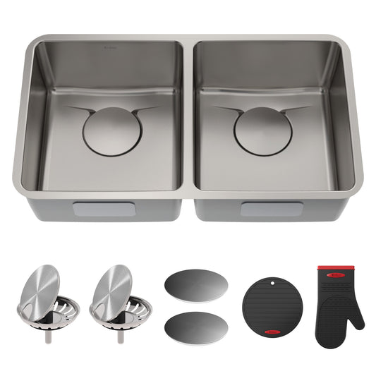 KRAUS Dex 33" Undermount 50/50 Double Bowl 16 Gauge Stainless Steel Kitchen Sink with VersiDrain - KD1UD33B