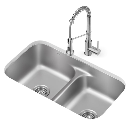 KRAUS Ellis 32" Undermount Kitchen Sink Combo Set with Bolden 18" Pull-Down Commercial Kitchen Faucet in Stainless Steel - KCA-1200