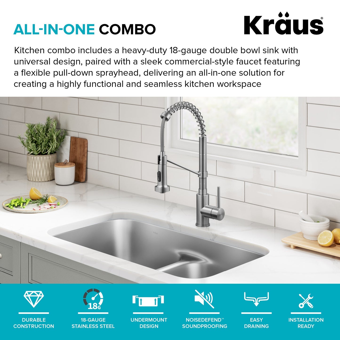 KRAUS Ellis 32" Undermount Kitchen Sink Combo Set with Bolden 18" Pull-Down Commercial Kitchen Faucet in Stainless Steel - KCA-1200