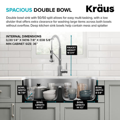 KRAUS Ellis 32" Undermount Kitchen Sink Combo Set with Bolden 18" Pull-Down Commercial Kitchen Faucet in Stainless Steel - KCA-1200